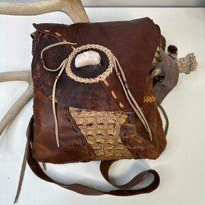 FPP Handmade Leather & Rose Quartz Boho Rustic Patchwork Crossbody Bag